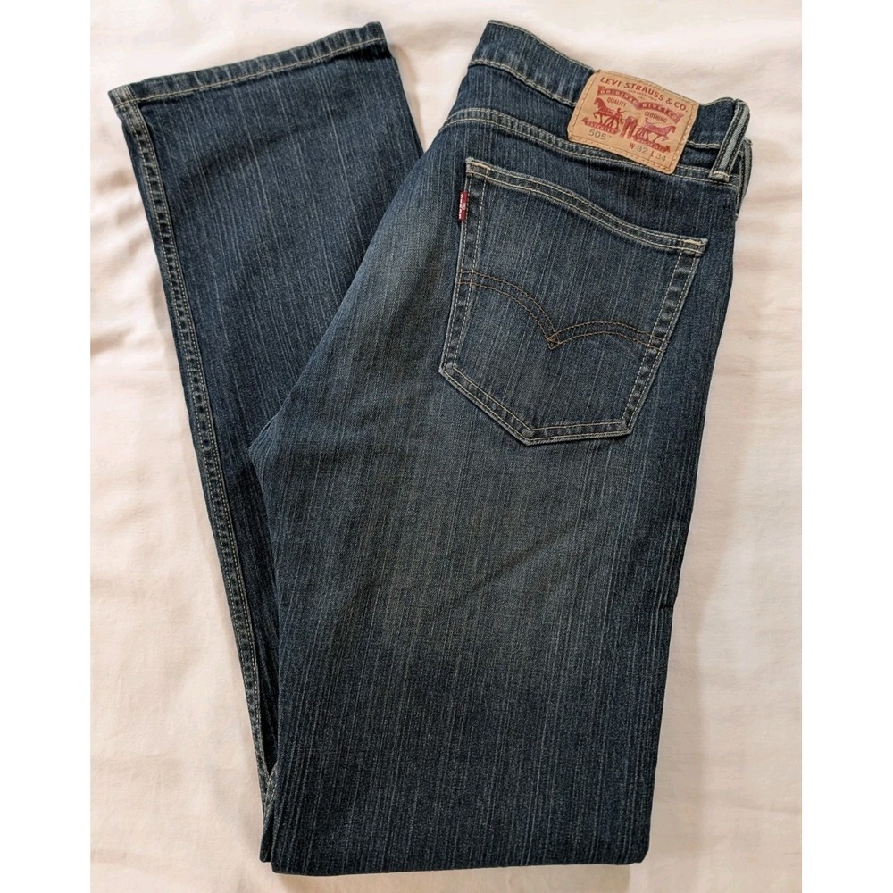 Levi's 505 Regular Fit Straight Leg Jeans Men's W32 L34 Dark Wash Stretch Denim